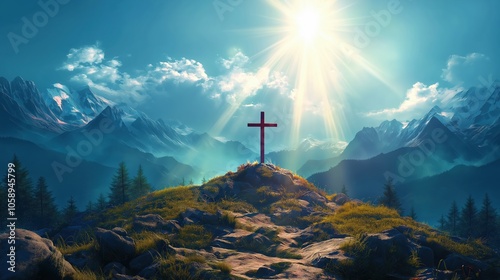 Wallpaper Mural A solitary cross stands atop a mountain peak, bathed in radiant sunlight that illuminates the surrounding vast mountain landscape under a clear blue sky. Torontodigital.ca