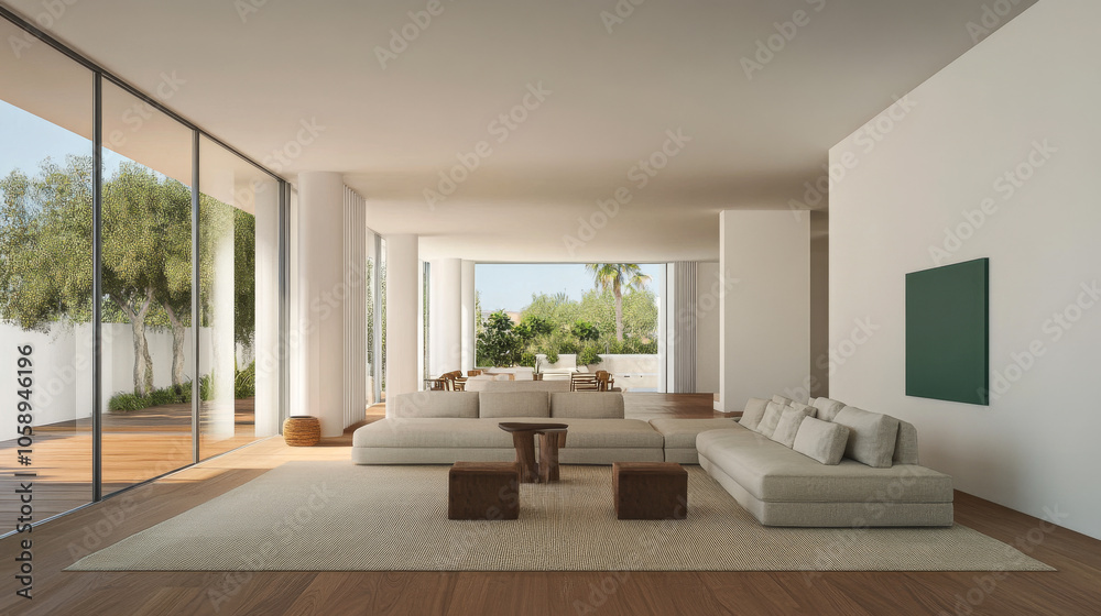 Modern living room with large windows and minimalist design in a tranquil setting Modern living room with large windows and minimalist design in a tranquil setting