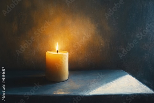 A Single Lit Candle on a Blue Surface with a Shadow