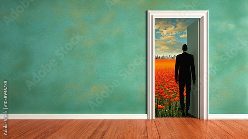 Person Stepping Through a Door from City to Flower Field