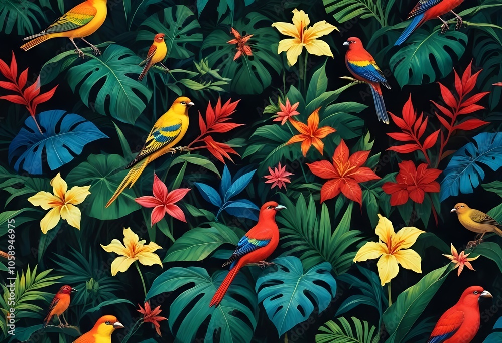 Tropical exotic pattern with animal and flowers in bright colors and lush vegetationn Tropical exotic pattern with animal and flowers in bright colors and lush vegetationn