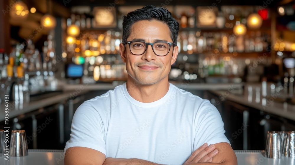 Confident Man in White Shirt at Bar Counter Confident Man in White Shirt at Bar Counter