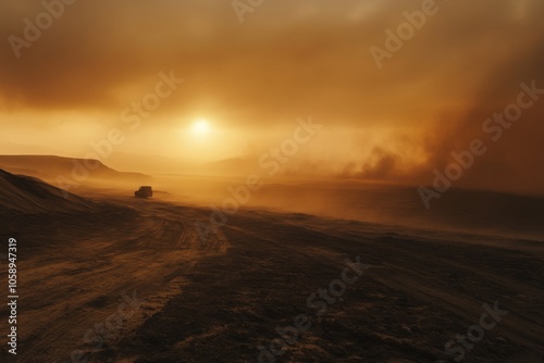 A solitary vehicle makes its way across a dusty expanse as the sun sets, casting an orange glow over the rugged landscape and creating a dramatic atmosphere