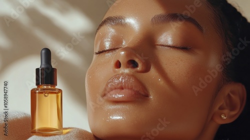Close-up of woman’s face with glowing skin and facial oil bottle