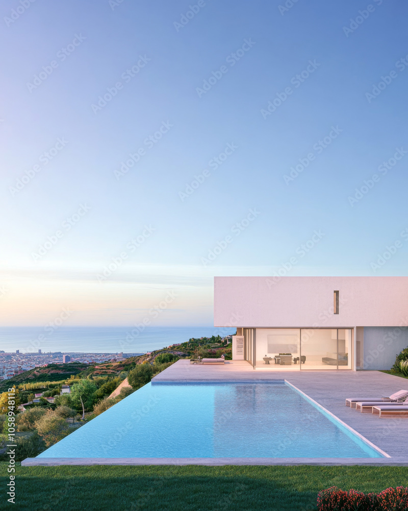 Fototapeta premium Modern hillside villa with infinity pool overlooking the ocean at sunset