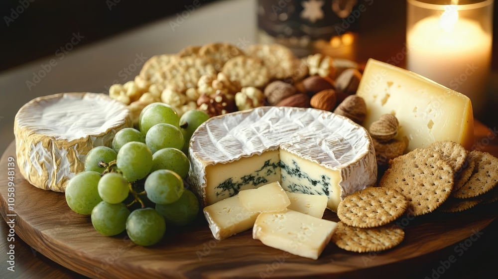 Gourmet cheese platter with fruits, nuts, and crackers on a wooden board. Gourmet cheese platter with fruits, nuts, and crackers on a wooden board.