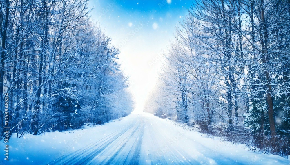 A serene winter pathway embracing the tranquility of a snow-covered landscape under a bright blue sky A serene winter pathway embracing the tranquility of a snow-covered landscape under a bright blue sky