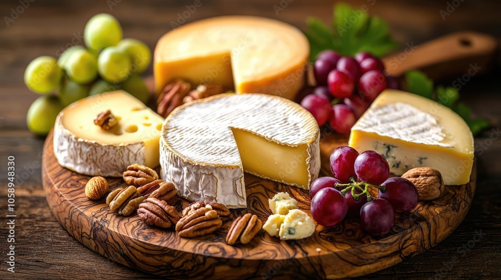Assorted cheeses, grapes, and nuts on a wooden platter, with a rustic background. Assorted cheeses, grapes, and nuts on a wooden platter, with a rustic background.