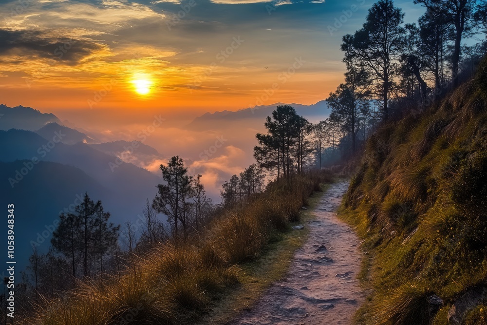 Obraz premium A Mountain Path at Sunset Overlooking Fog-Covered Valley