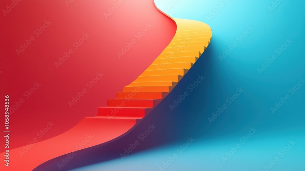Obraz premium Abstract Curved Staircase - Red and Blue Walls - Minimalist 3D Design