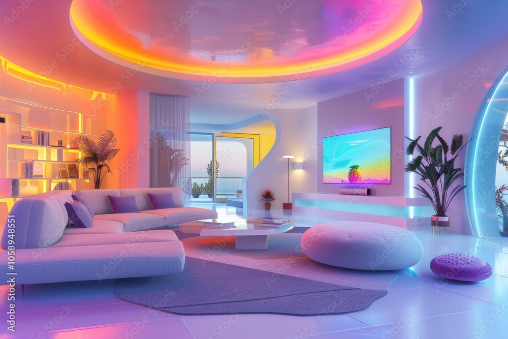 Smart Living Room with Contemporary Design and Futuristic Decor in Evening Light Smart Living Room with Contemporary Design and Futuristic Decor in Evening Light