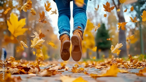 Figure Frozen in Mid-Leap Surrounded by Falling Leaves