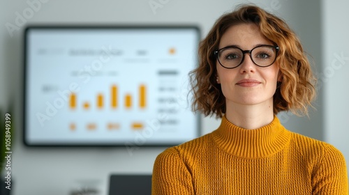 A confident professional woman stands in front of a data presentation, wearing glasses and a cozy sweater, indicating a focus on analytics in a modern workspace.