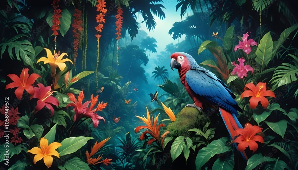Tropical exotic pattern with animal and flowers in bright colors and lush vegetationn