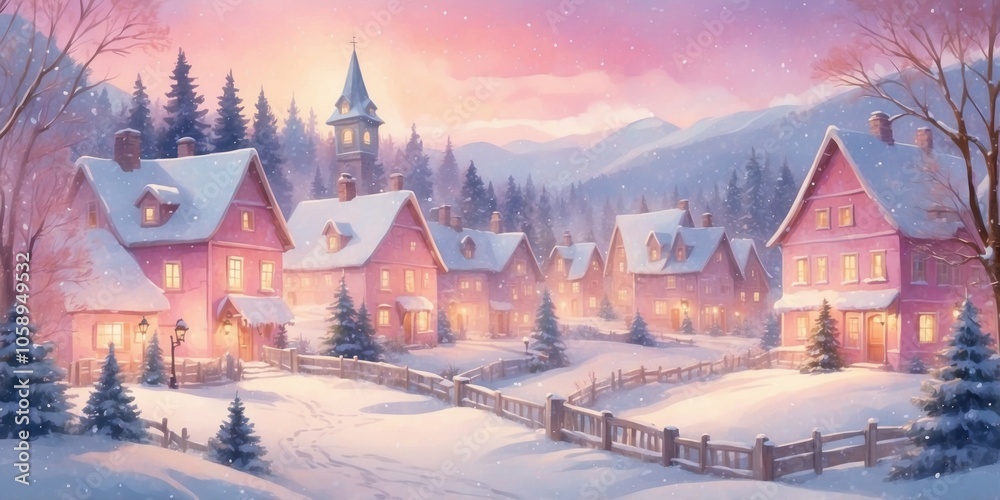 Charming Watercolor of Pink-Toned Snowy Village with Sunset Sky – Poetic Winter Scene with Snowy Trees Charming Watercolor of Pink-Toned Snowy Village with Sunset Sky – Poetic Winter Scene with Snowy Trees