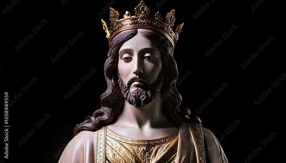 Fototapeta premium Close-up of Jesus Christ statue facing left with a sorrowful expression, head tilted upwards and wearing a crown, against a dark, unlit background.