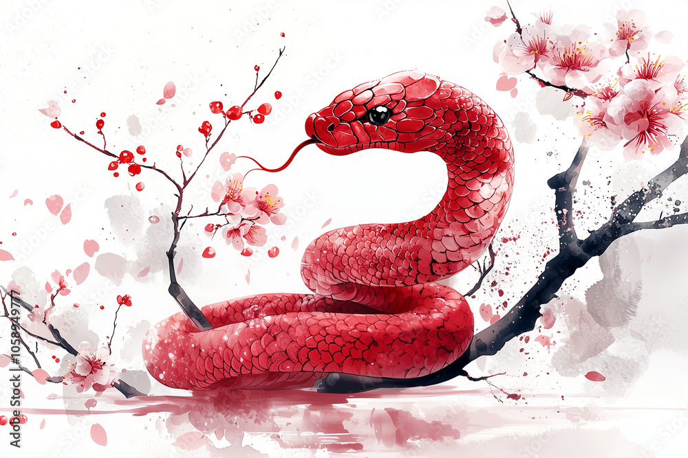 Obraz premium red snake on a white and pink background in a Japanese style with blooming cherry