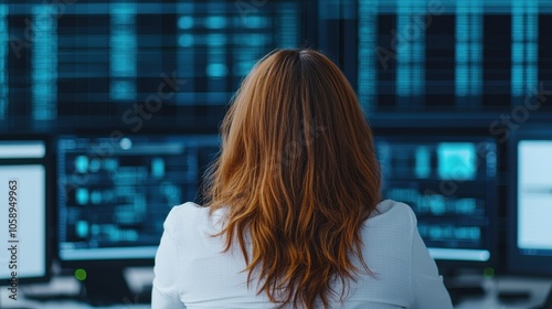 A woman with curly hair is focused on multiple computer screens displaying data and analytics in a modern workspace.