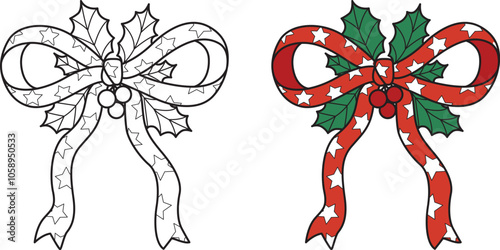 Hand drawn Christmas red bow ribbon with stars pattern, holly leaves and berries, editable line thicknes. Vector illustration. photo