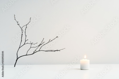A Single Lit Candle and a Bare Branch on a White Surface photo