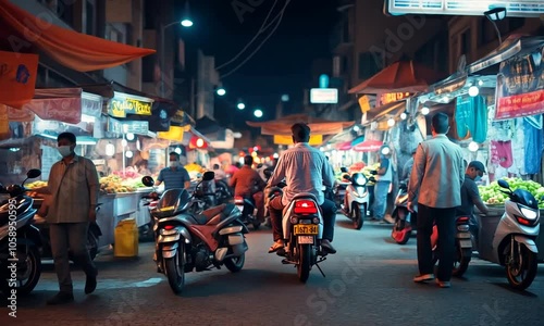 Nighttime Market Scene with Man on Motorcycle