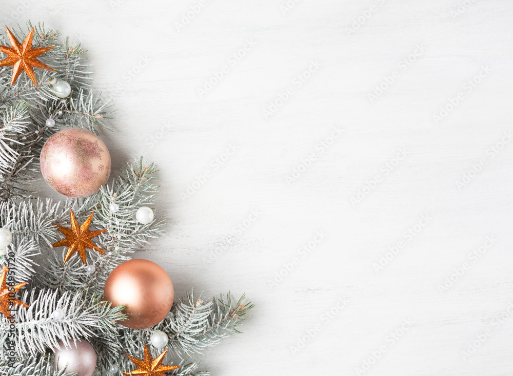 Christmas tree with decorations on old wooden shabby background with empty space for text. Christmas and New Year background. Flat lay