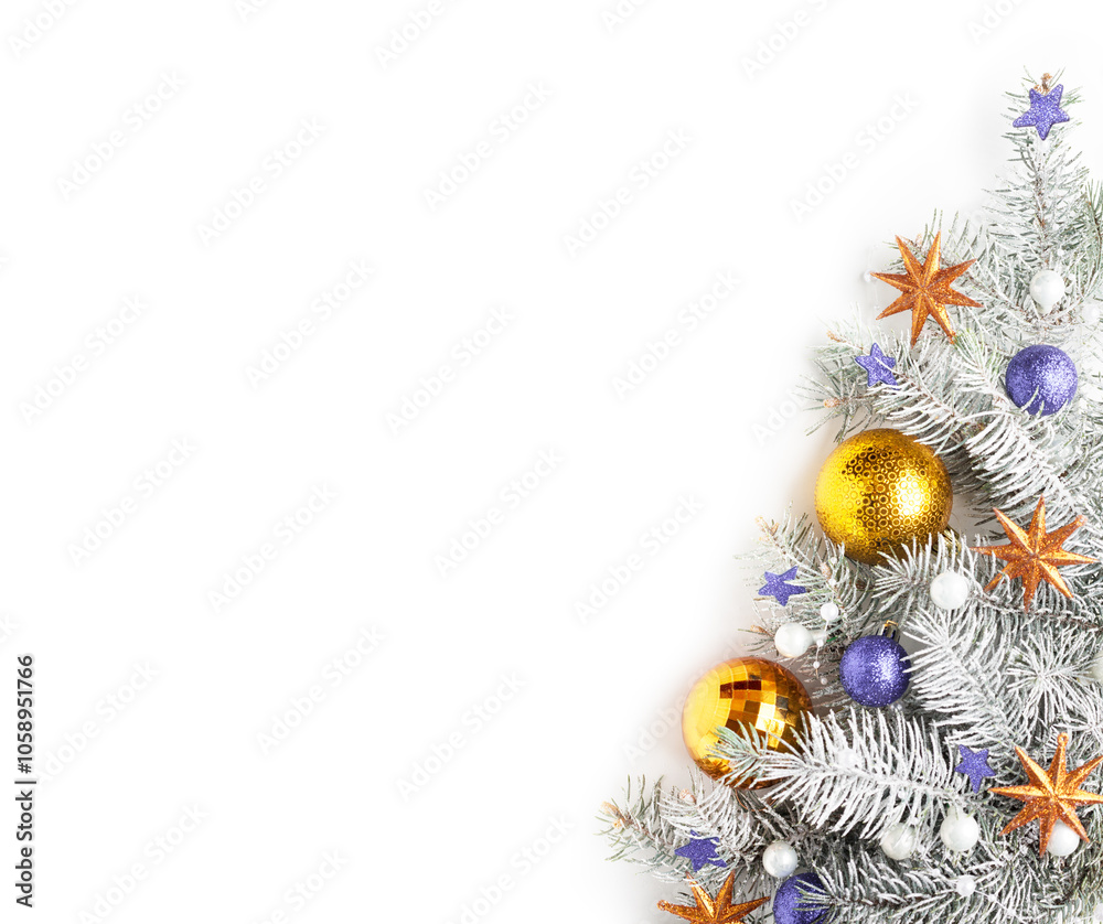 Christmas and New Year background..Christmas tree with decorations isolated on white background. Flat lay.