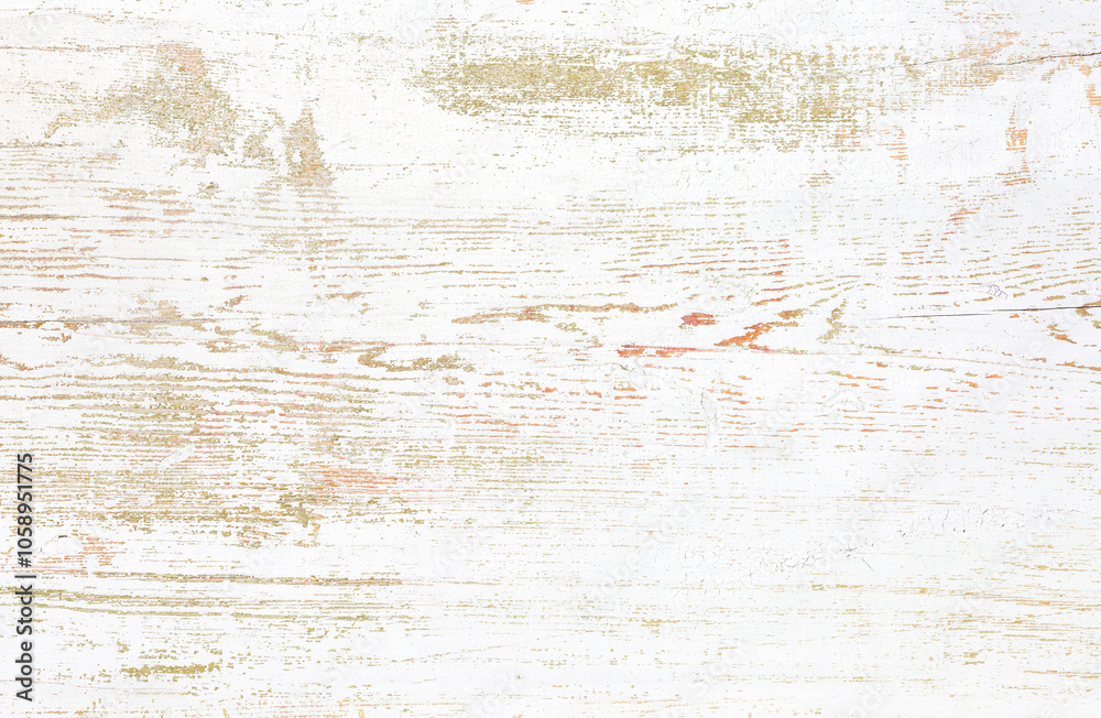  White wood texture for background. Grunge background. Peeling paint on an old wooden floor.