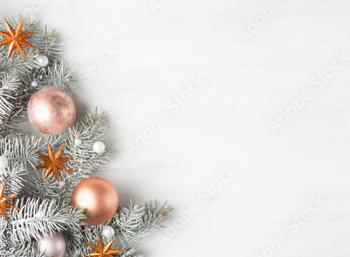 Obraz na płótnie Christmas tree with decorations on old wooden shabby background with empty space for text. Christmas and New Year background. Flat lay w salonie