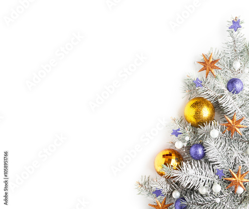 Obraz na płótnie Christmas and New Year background..Christmas tree with decorations isolated on white background. Flat lay. w salonie