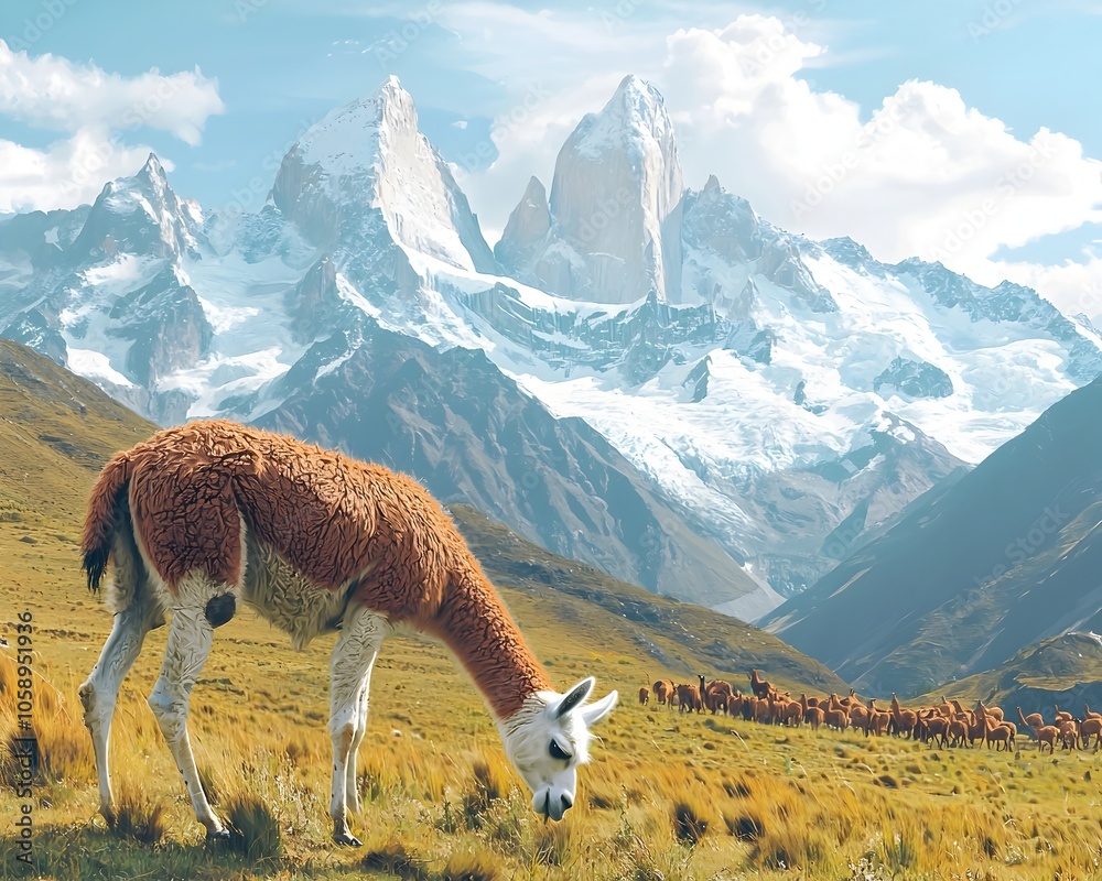 Naklejka premium Llamas grazing on mountain grass with snow capped peaks in the background