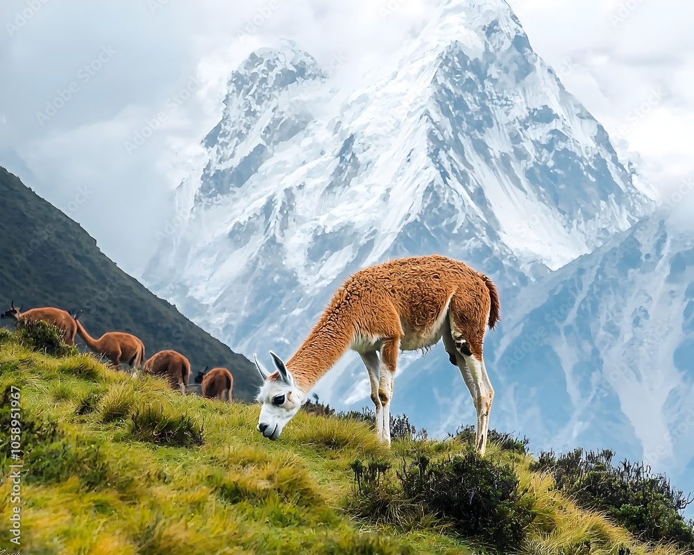 Naklejka premium Llamas Grazing on Lush Mountain Meadow with Snow Capped Peaks in the Background