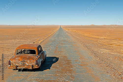 Rusty and dilapidated car on a poorly maintained road in a desert area