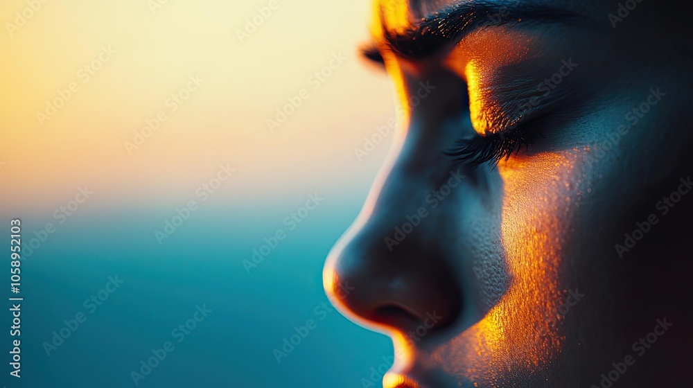 Close-up of a serene face at sunset, capturing a moment of reflection. Close-up of a serene face at sunset, capturing a moment of reflection.
