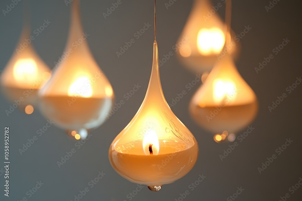A Close-up of a Lit Candle in a Teardrop-Shaped Glass Container, with Other Blurred Candles in the Background A Close-up of a Lit Candle in a Teardrop-Shaped Glass Container, with Other Blurred Candles in the Background