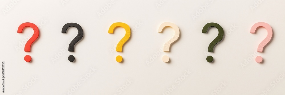 A row of six different colored questions are arranged in a row. The questions are of different sizes and colors, and they are all pointing in different directions. Concept of curiosity and wonder A row of six different colored questions are arranged in a row. The questions are of different sizes and colors, and they are all pointing in different directions. Concept of curiosity and wonder