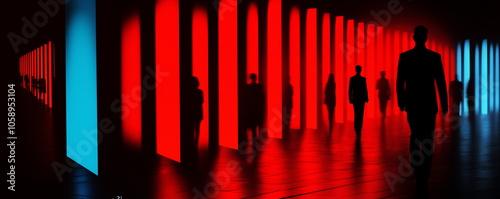 Exhibition expo event trade fair hall with busy bustling people walking to conferences in a modern hall crowded business people Generative AI
