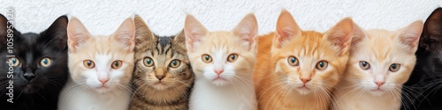 A row of cats with different colors, including black, orange, and white. The cats are standing next to each other, creating a sense of unity and harmony