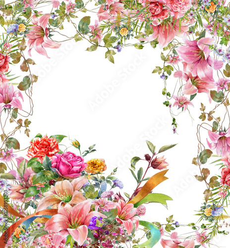 watercolor painting of leaves and flower, on transparent background