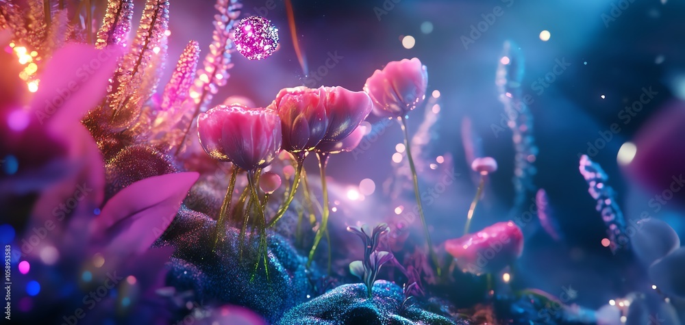 Enchanted forest with glowing pink flowers and soft light. Enchanted forest with glowing pink flowers and soft light.