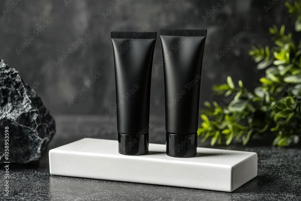 Two sleek black cosmetic containers displayed among green plants on a dark surface Two sleek black cosmetic containers displayed among green plants on a dark surface
