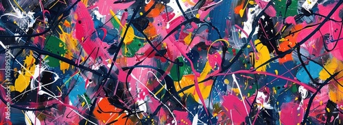 Abstract painting with colorful lines and splashes of paint
