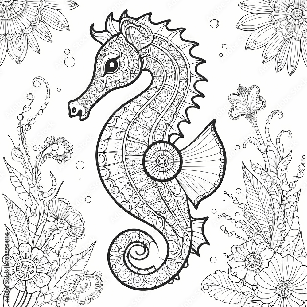 Fototapeta premium Doodle Seahorse Mandala Coloring Page