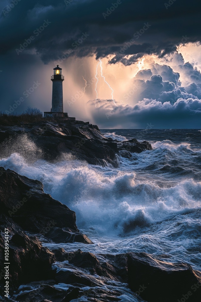Amidst dark storm clouds and crashing waves, a lighthouse shines brightly, guiding ships as lightning streaks across the sky at dusk along the coast Amidst dark storm clouds and crashing waves, a lighthouse shines brightly, guiding ships as lightning streaks across the sky at dusk along the coast