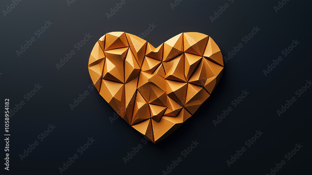 Abstract geometric low-poly heart-shaped object in orange color on a dark background, featuring faceted triangular textures and modern design elements. Abstract geometric low-poly heart-shaped object in orange color on a dark background, featuring faceted triangular textures and modern design elements.