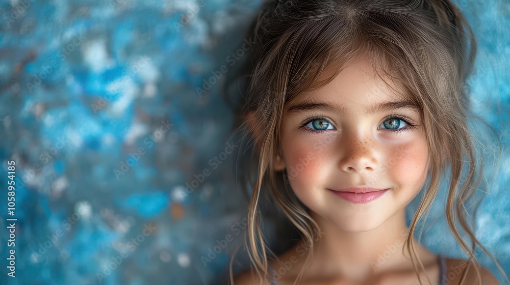 smiling little girl with bright eyes on a cheerful blue background, representing the joy of education and the excitement of back-to-school moments, capturing innocence and happiness in childhood