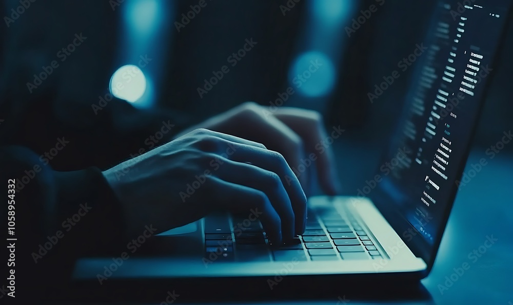 A close-up of hands typing on a laptop, illuminated by blue lighting.