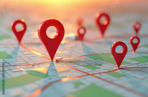 A close-up view of a city map with red location pins marking various points, symbolizing navigation, geolocation