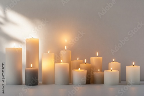 A Row of Burning Candles on a White Surface with a Textured Wall in the Background