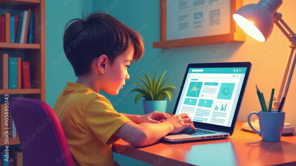 A child blogger sits attentively at a desk, typing on a laptop. The warm home office setup with plants and a lamp creates a comfortable atmosphere for child blogging.